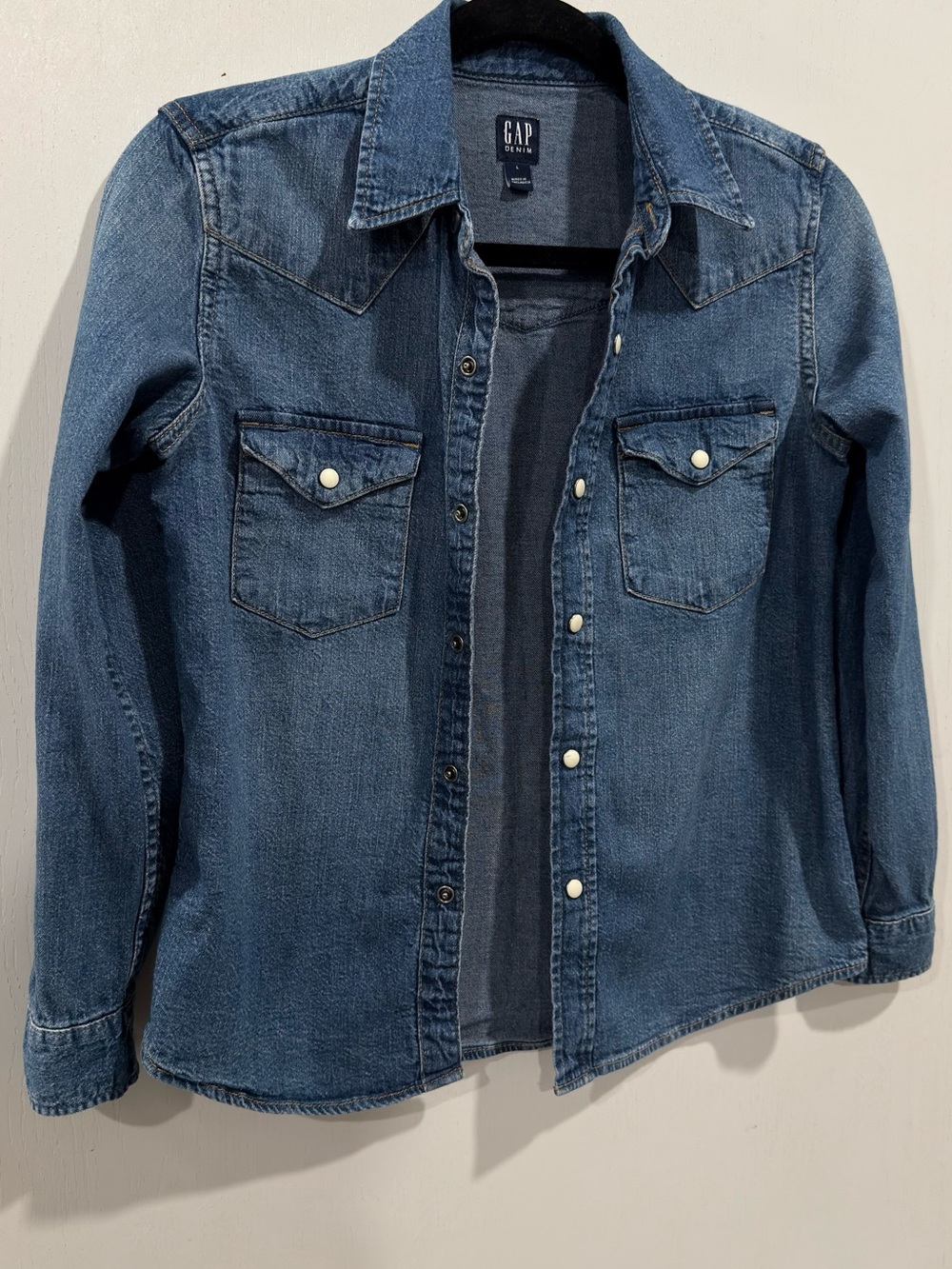 GAP Denim Boys Western Pearl Snap Shirt Size L Blue Long Sleeve